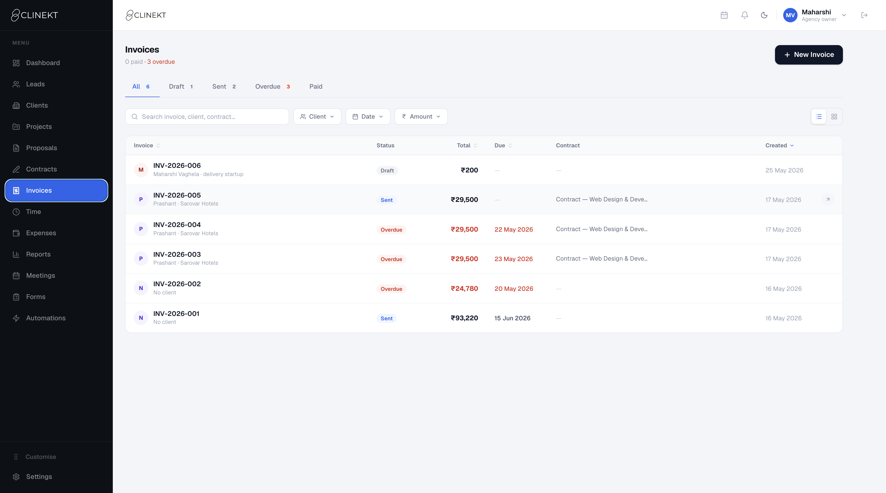 Invoice list — status, amounts, due dates