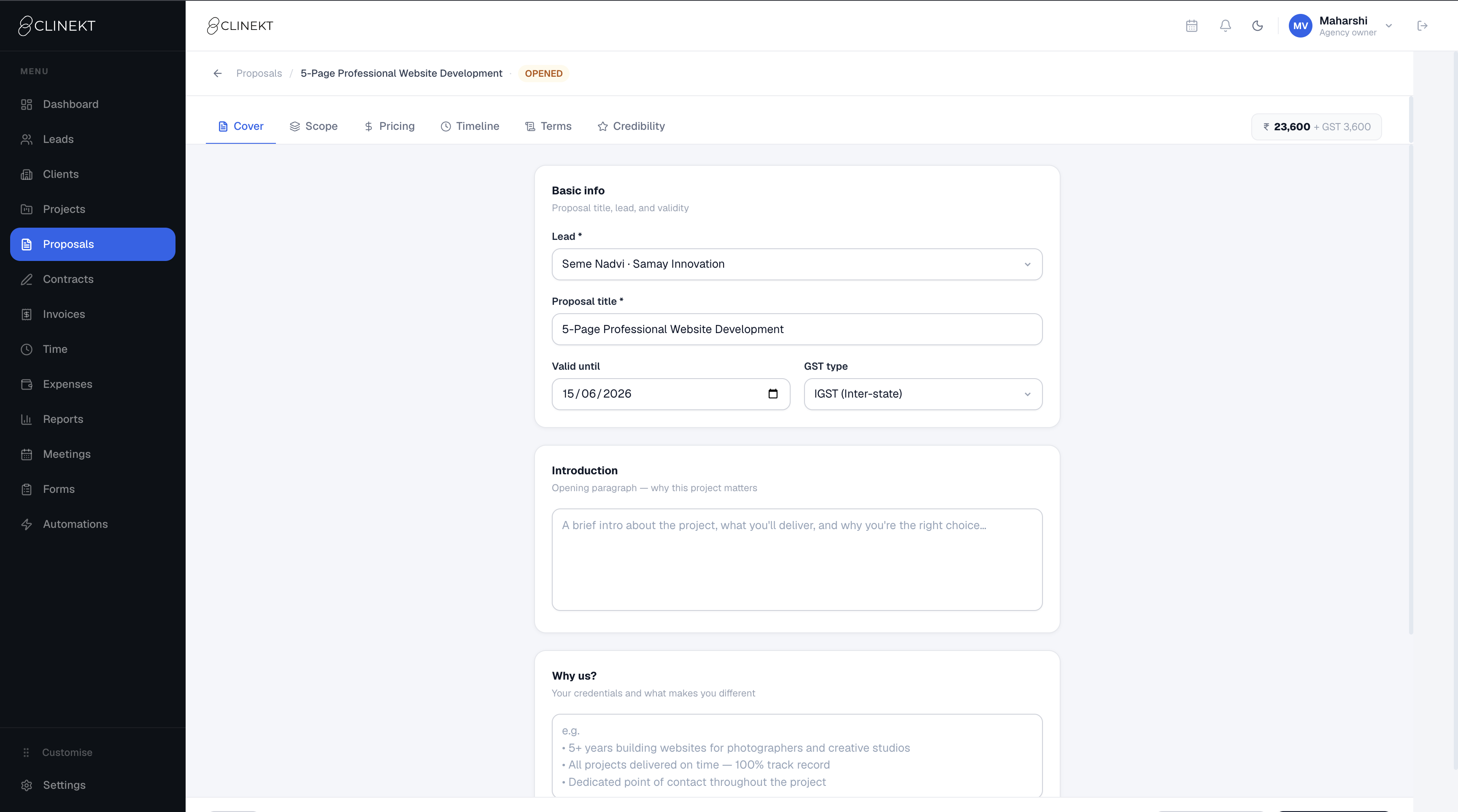 Proposal builder — Cover, Pricing, Timeline